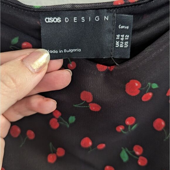 Asos Curve Black red cherry mesh overlay long sleeve square neck mini dress 12 - Picture 5 of 5